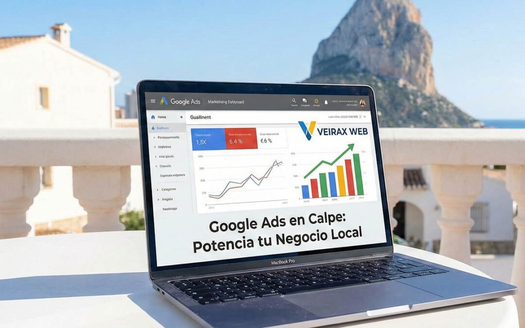 Un portátil mostrando una campaña de Google Ads en Calpe, con el Peñón de Ifach al fondo.