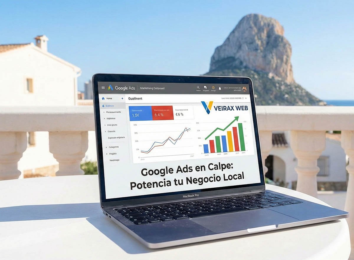 Un portátil mostrando una campaña de Google Ads en Calpe, con el Peñón de Ifach al fondo.